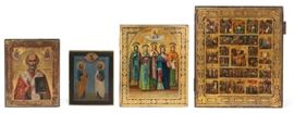 Lot 89 Four Eastern Orthodox painted icons 
various artists, 18th-20th century 
Including St. Nicholas, five saints below Christ in clouds, two saints below Christ in clouds and scenes from the life of Christ centered by the Resurrection, tempera and gilding on panel.  