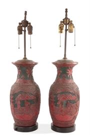 Lot 106 A pair of Chinese cinnabar lacquer style lamps 
20th century 