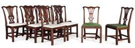 Lot 110 An assembled set of ten George III carved mahogany dining chairs 
second half 18th century 
Comprising a set of five, a set of three and a pair of side chairs.  