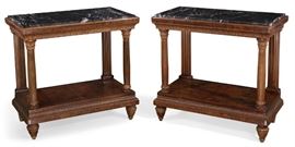 Lot 111 A pair of Neoclassical style inlaid carved walnut consoles 
post 1950 
Each surmounted by a marble top.  
