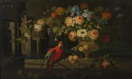 Lot 112 Continental School  
(19th century) 
Still life of an urn of flowers and a parrot 
oil on canvas laid down on board 
signed indistinctly lower right  
sight dimensions 29 1/2 x 49in (75 x 124.5cm) 