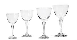 Lot 126 A suite of Baccarat glass stemware in the Opera pattern 
20th century 
Comprising seventeen 5 3/4in white wine, twenty-three 6 1/4in claret, eighteen 6 7/8in water goblets, six 7 3/8in tall water goblets (one filed down), incised Baccarat and etched factory seal. (64)  