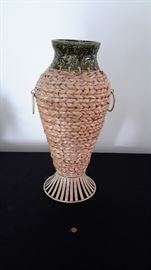 22" ceramic, straw and metal bottom vase.