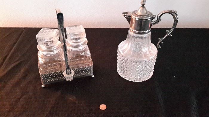 Vintage pickle jars/servers and Victorian ice water pitcher with silver plate top and handle.