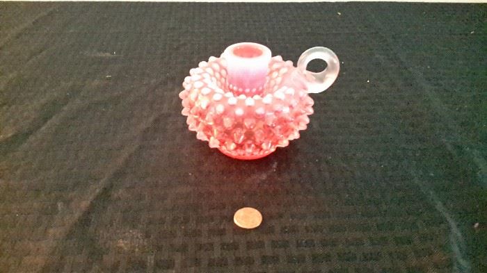 Vintage cranberry opalescent Hobnail candlestick holder with handle. VERY nice!