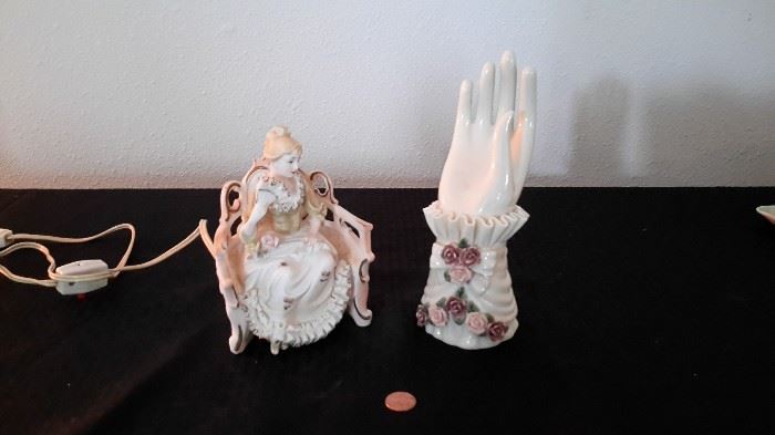 Lighted lady sitting figurine and ceramic hand ring holder.