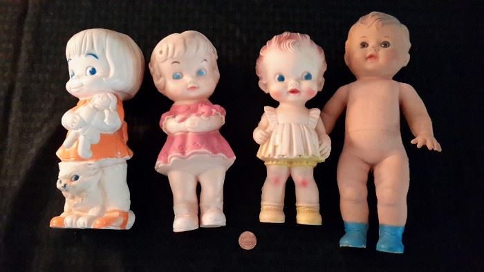 Vintage Squeaky Dolls! From left to right: J.L. Prescott Co., 1968; Edward Mobley Co.; The Sun Rubber Co., 1962; The Sun Rubber Co., 1950's.