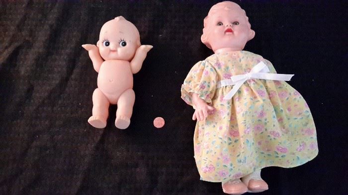 Vintage rubber 8" Cupie doll and rubber doll with fabric body filled with sand.