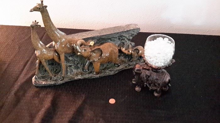 Safari animals table or wall hanging and wooden elephant candle holder.