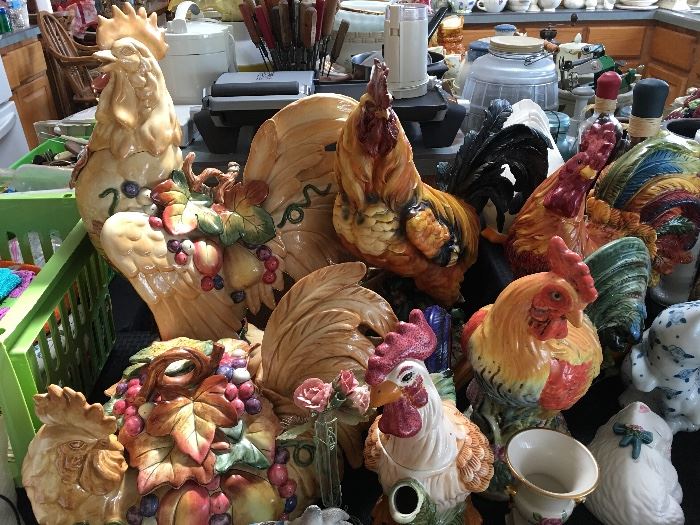 Roosters!! Figurines, jars, etc.