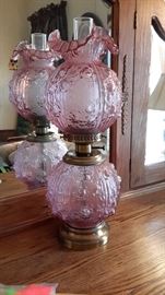 Beautiful Fenton cabbage rose hurricane lamp.