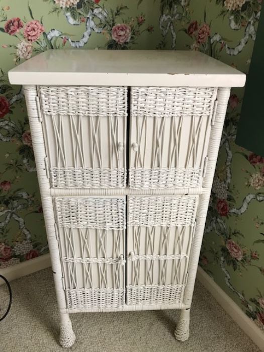 Antique white wicker cabinet 
