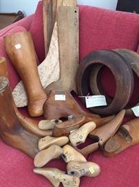 Assorted antique wood shoe and hat forms