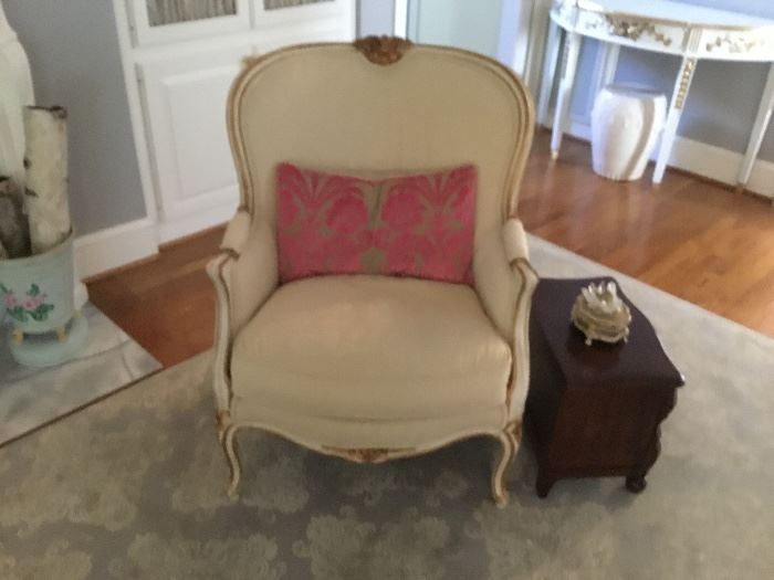 Classic French  Berchere  chair with miniature chest.