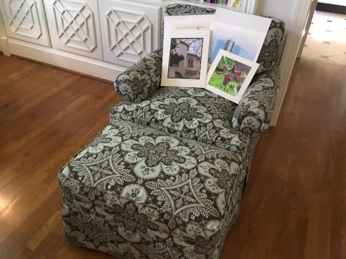 Chair and ottoman plus some wonderful prints.