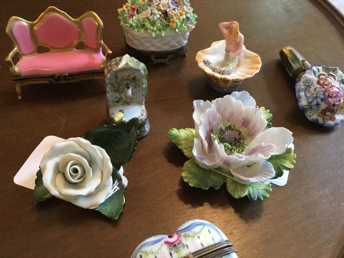 Limoges boxes, Staffordshire flowers and Herend.
