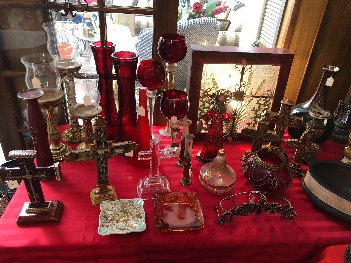 Beautiful crosses and dishware and candles