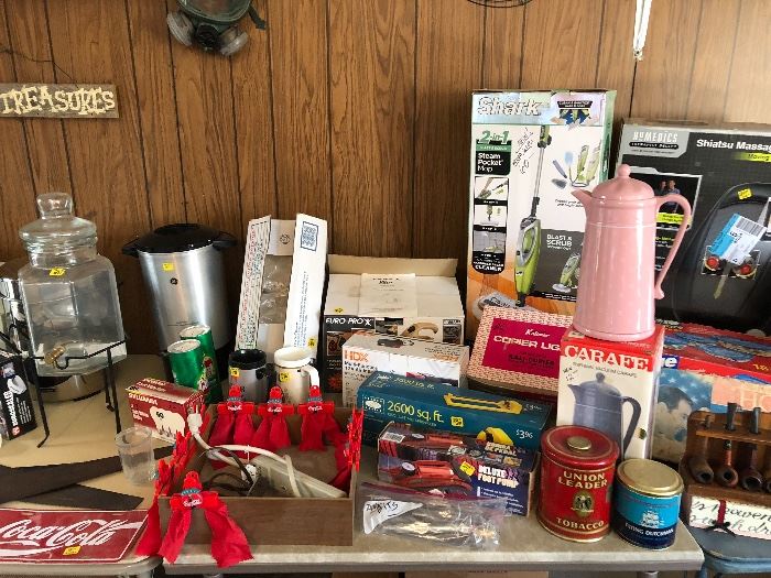Coke collectibles, Vintage 1950s tobacco cans, new carafe, new Shark vacuum, pipe collection