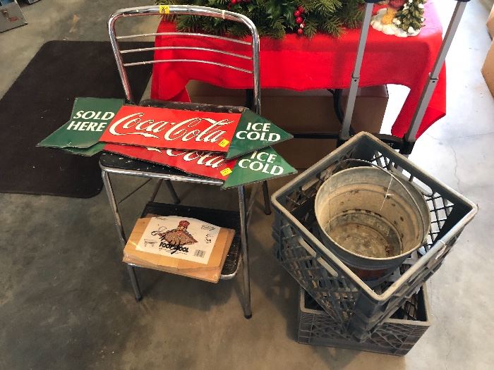 Coke signs, storage boxes, pail