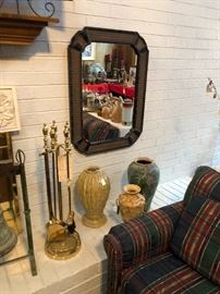Mirror, vases, fireplace set