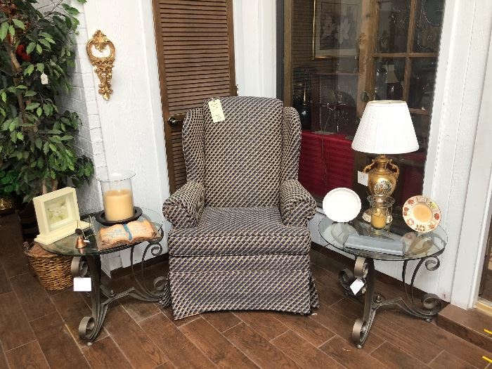 Wingback chair and two glass endtables with wrought iron design