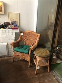 wicker chair and table with glass top
