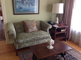 Jaquard loveseat, harp table