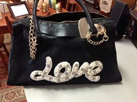 Betsey Johnson satchel purse Love in pearl black with gold accents $65