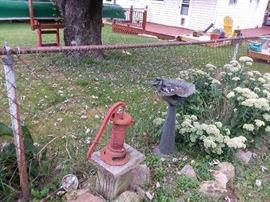 Cast Iron Well Pump and Decorative Bird Bath