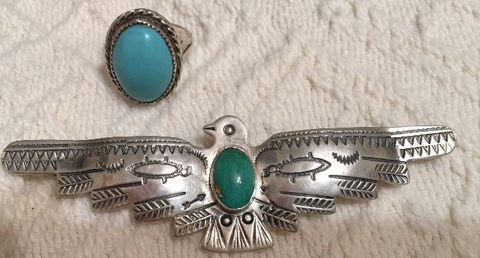 Vintage Native American Thunderbird Pin with Turquoise -Fred Harvey Era