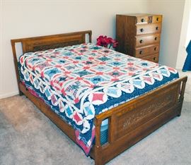 Carved bed set (over 50+ years old), with full sized mattress and box spring (6 months old). Bed - 80" Length x 57" Width x 35.5" Height / Dresser 46.5" Height x 35" Length x 20" Depth.
