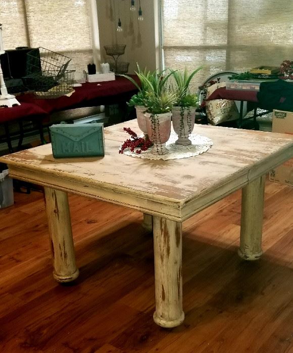 SHOW STOPPING Reclaimed Wood Farm table with Iron Casters on the Legs Approx. 45" x 45" and 30" tall