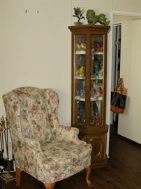 Wingback chair has a matching settee (not shown). Display case (with a bird collection)