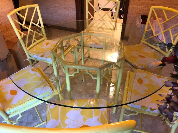 60” round glass top table, metal base with 6 metal chairs