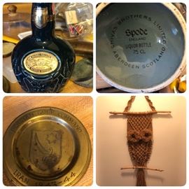 Spode liqueur bottle, brass ashtray from Persian Gulf Committee 1943-1944, owl macrame wall hanging