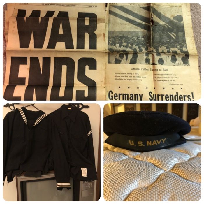 WWII Great Lakes Naval Training Base newspapers.  WWII Navy uniforms & cap.