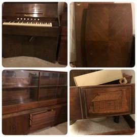 Vintage Imperial Organ,  Table tops, MCM Credenza & Hutch, Log Cabin relief footboard.