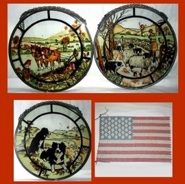 3 Stained Glass Pieces and Beaded Flag