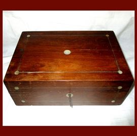Antique Box with Key and Inlaid Mother of Pearl