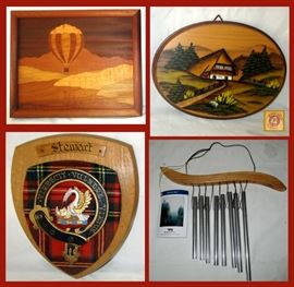 Inlaid Wooden Balloon Picture, Scottish Tartan Crest, Hand Painted German Plaque and Wind Chimes