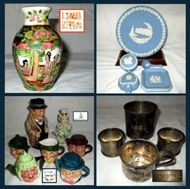 Mini Marked Asian Vase, Selection of Wedgwood Jasperware, Winston Churchill Toby Jug, Artone Tiny Teapots, Sterling Baby Cup, Sterling Napkin Rings