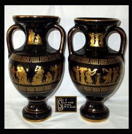 Pair of Greek Urns, Hand Made in Greece with 24K Gold Trim
