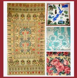 Spectacular Woven Tapestry, One of a Pair of Souvenir New Zealand Handkerchiefs and Large Hand Hooked Rug