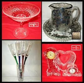 Stuart Glass Compote, Silver Overlay Pitcher and Bowl, Bowl is marked Heisey, Flower Stemmed Flutes and Waterford Clocks and Heart Dish