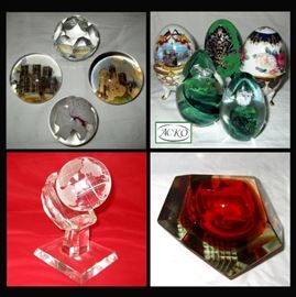Swarovski and Other Small Paperweights, Acko Eggs, Floating Glass Globe and Mid Century Modern Glass Bowl
