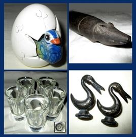 Tiny Egg with Little Bird Hatching, Primitive Carved Pig, Hazel Atlas Shot Glasses and Pair of Miniature Bronze Ducks