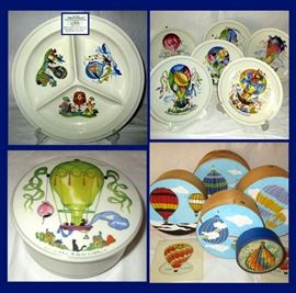 Villeroy and Boch Divided Plate, Villeroy and Boch Set of Hot Air Balloon Plates, Villeroy and Boch Lidded Trinket Bowl, and Set of Colorful Hot Air Balloon Boxes