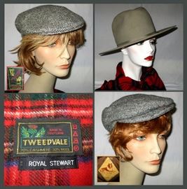 British Driving Caps; Hats of Ireland Castlesar Donegal Tweed, James Collins and Son Ltd. Its a Colley Tailored, and Tweedvale Cashmere and Wool Tartan Shawl- Royal Stewart Made in Scotland