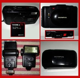 Yashika T4 Carl Zeiss Lens Kyocera; a Very Popular Camera, 2 Olympus 35mm Cameras and Vivitar Flashes