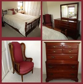 Lovely Guest Bedroom with Chest on Chest, Dresser with Mirror and Showing one of a pair of Matching Chairs